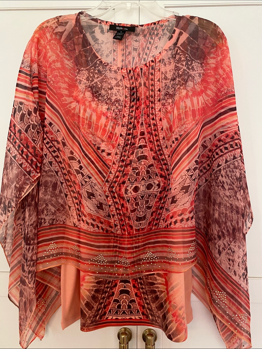Style & Co. Coral and Brown Printed Sheer Poncho Camisole